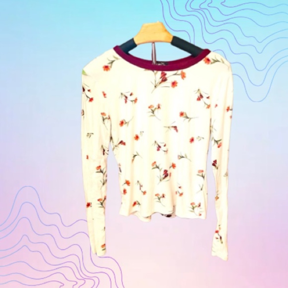 RUE 21 Floral Long Sleeve Top Cream with Burgundy Trim